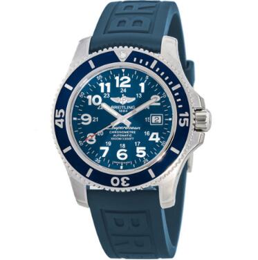 The white Arabic numerals hour markers are in contrast to the blue dial.