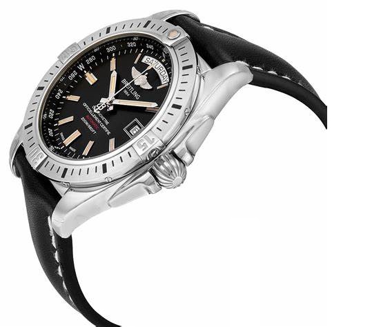 The stainless steel replica watch has a black dial.