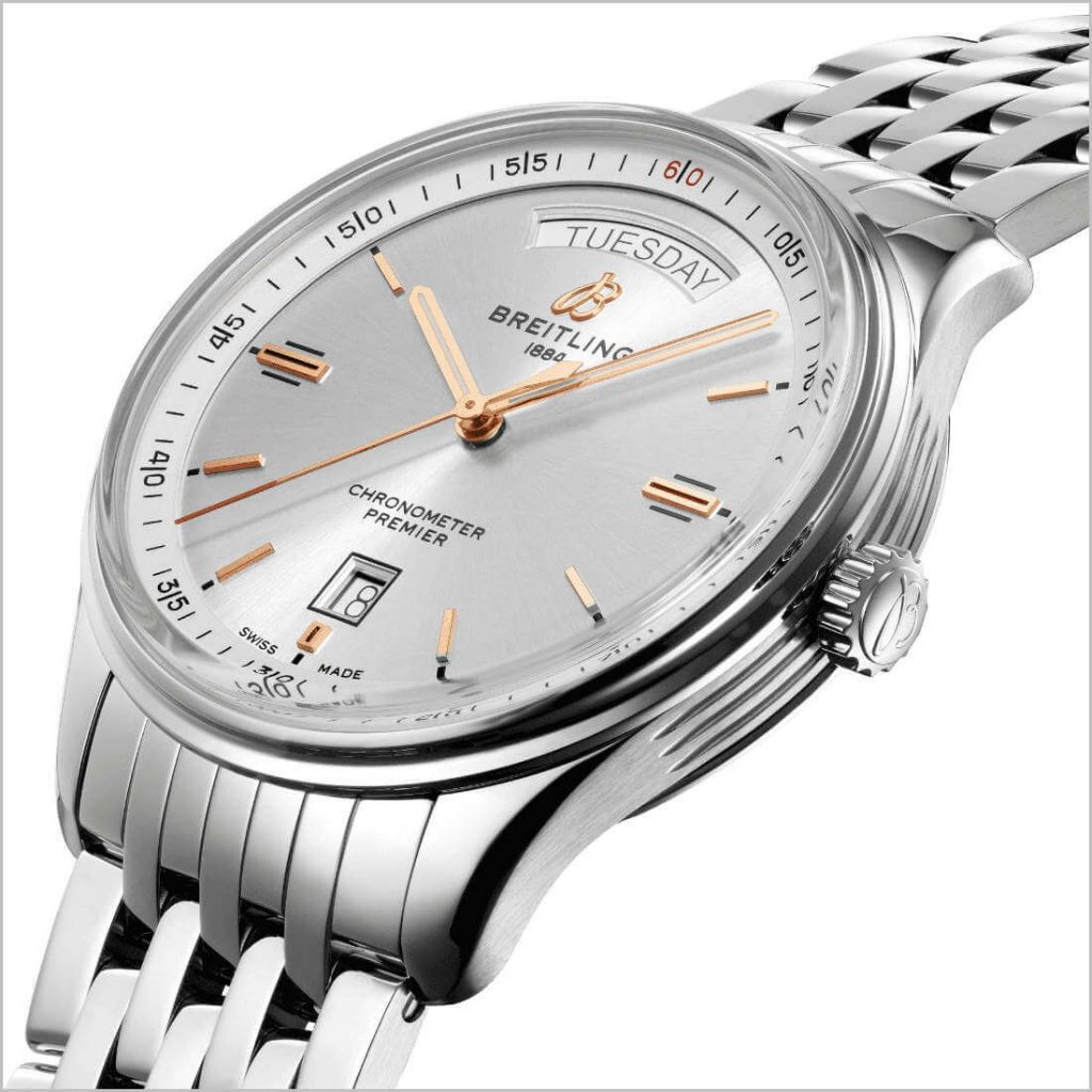 The stainless steel copy watch has a silvery dial.
