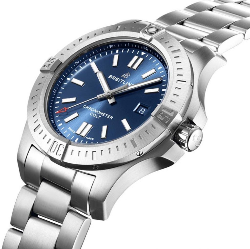 The 44mm replica watch has a blue dial.