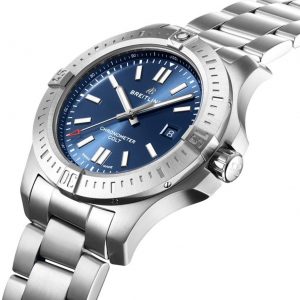 The 44mm replica watch has a blue dial.